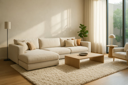 A cozy modern living room featuring a slipcover sofa, wooden coffee table, and houseplantsの素材