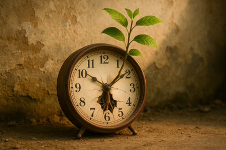 A broken clock featuring a green plant sprouting, symbolizing growth and time passing byの素材
