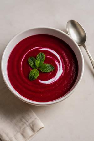 A bowl of creamy beetroot soup garnished with mint leaves and a cream swirl on topの素材
