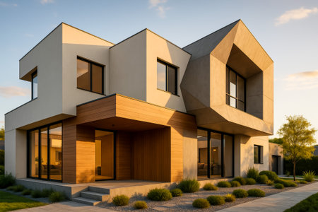 A contemporary house featuring unique geometric shapes and stylish landscaping at sunsetの素材
