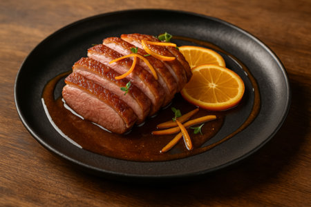 A beautifully arranged sliced duck breast with orange sauce and citrus garnishes on a plateの素材