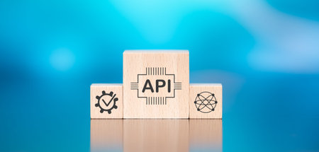 Wooden blocks with symbol of api concept on blue backgroundの写真素材