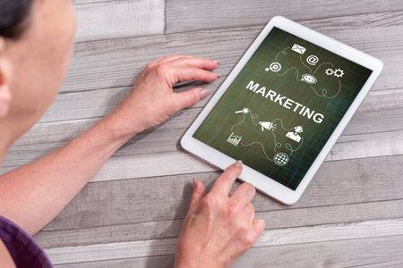 Woman using a tablet showing marketing strategy conceptの写真素材