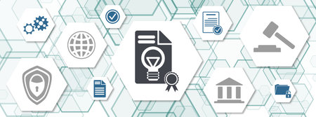 Concept of patent with icons on hexagonsの写真素材