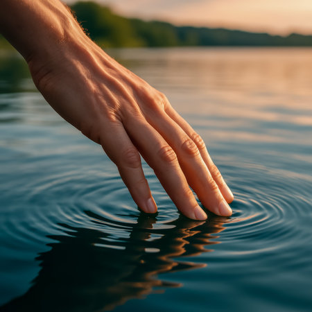 A hand reaching out to touch the calm water, creating gentle ripples in the reflectionの素材