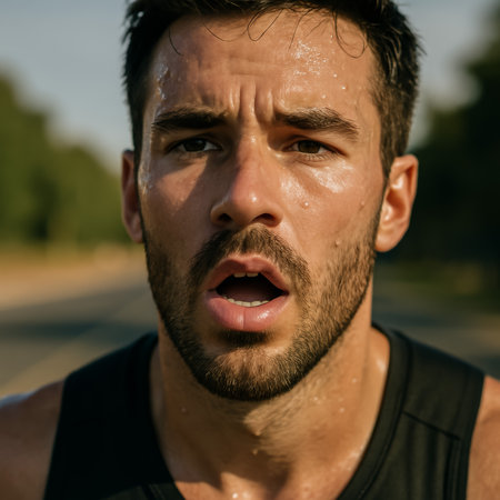 A young man shows effort and focus while running, with sweat glistening on his faceの素材