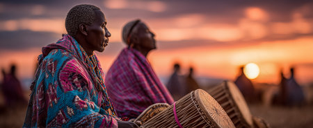 Traditional drummers dressed in colorful clothing perform during sunset, celebrating cultural heritage and musicの素材
