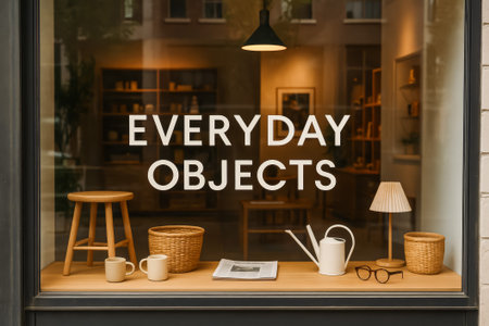 A store window showcasing various everyday objects for home decor and utilityの素材