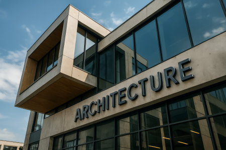 A close-up view of a modern building showcasing architectural design and large windowsの素材