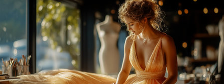 A young woman in a shiny yellow dress focused on her design work in a studioの素材