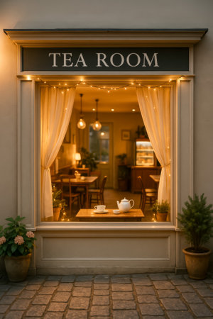 A welcoming tea room with warm lighting and inviting table settings visible through the windowの素材