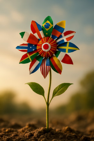 A flower with petals made from various country flags symbolizes global unity and diversityの素材