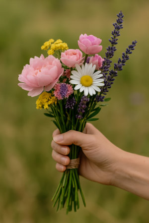 A hand presenting a vibrant bouquet of mixed flowers against a blurred green backgroundの素材