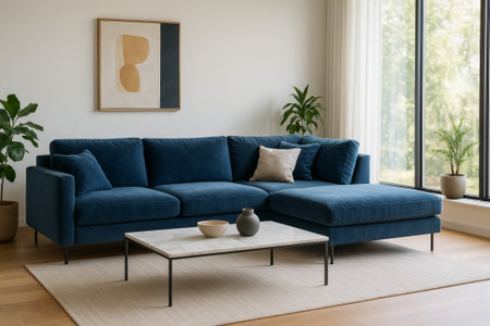 A stylish living room featuring a blue couch, coffee table, and beautiful plantsの素材