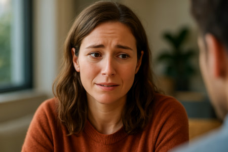A young woman with a worried expression is engaged in a serious conversation indoorsの素材
