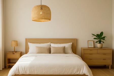 A cozy modern bedroom featuring wooden furniture, decorative plants, and soft lightingの素材