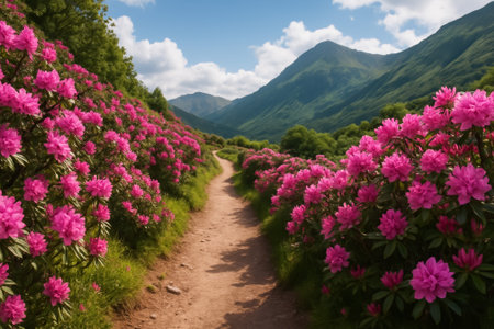 A beautiful pathway lined with pink rhododendron flowers leading to distant mountains under a blue skyの素材