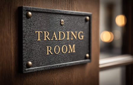 A close-up of a trading room sign mounted on an elegant wooden doorの素材