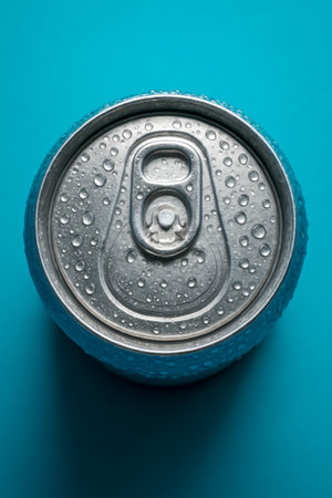 A close-up view of a cold, condensation-covered drink can rest on a blue surfaceの素材