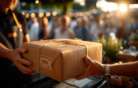 A person receives a neatly wrapped package in a warm outdoor market setting with people in backgroundの素材