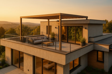 A modern house features a spacious terrace with seating overlooking a scenic sunset landscapeの素材