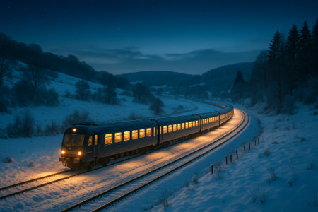 A train moves along snowy tracks under a twilight sky, illuminating the dark landscapeの素材