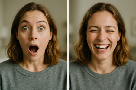 A woman showing surprise and joy through expressive facial reactions in cozy indoor settingの素材