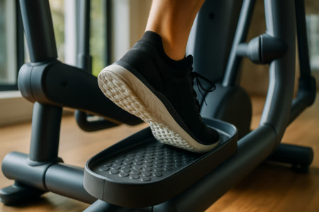 A person's foot in black sneaker using an elliptical machine at home gymの素材