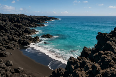 A stunning view of rocky coastline meeting turquoise ocean waves under a clear blue skyの素材