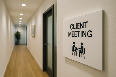 A client meeting sign displayed in a modern hallway with warm lighting and decorの素材