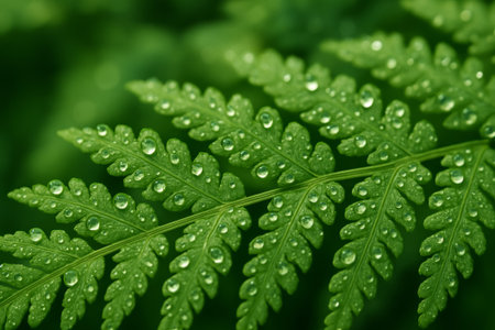 A close-up view of lush green fern leaves adorned with glistening water dropletsの素材