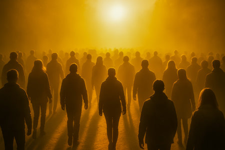 A large group of silhouetted figures walking through mist toward a bright golden lightの素材