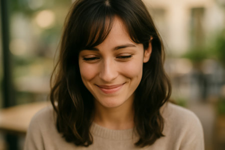 A young woman is smiling softly with her eyes closed in a cozy cafÃ© environmentの素材