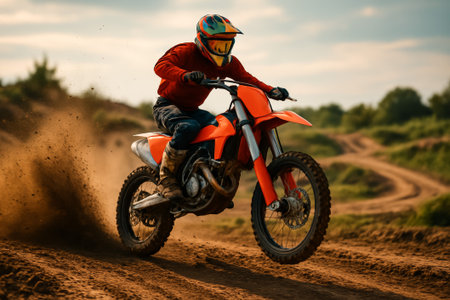 A skilled rider navigates a dirt bike course, kicking up dust behind themの素材