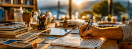 A person writes notes in a journal at a beautifully lit desk filled with stationeryの素材