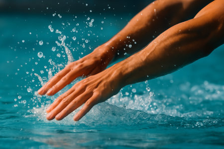 Close-up of hands creating splashes in clear blue water, capturing motion and vitalityの素材