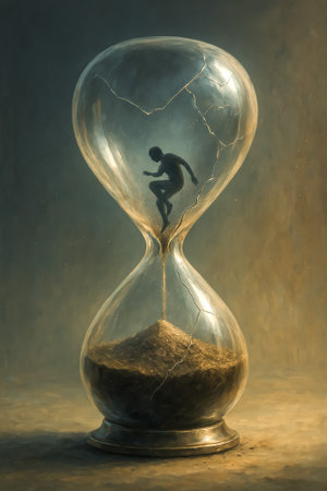 A surreal hourglass encapsulates a figure symbolizing life's fleeting moments and the passage of timeの素材