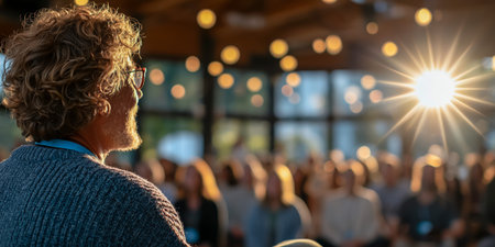 A speaker with curly hair captivates an audience in a well-lit environmentの素材