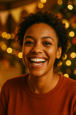 A young woman with curly hair smiling in a warm, festive atmosphereの素材