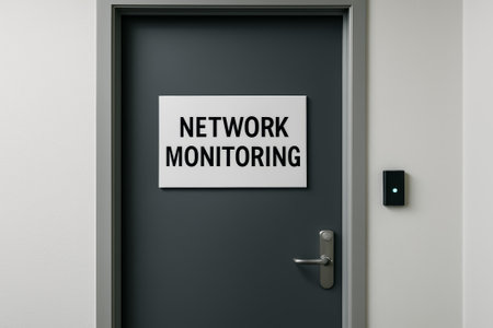 A dark door featuring a sign that reads network monitoring in a professional environmentの素材