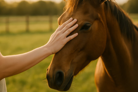 A hand caressing a horse in a tranquil meadow during golden hour lightの素材