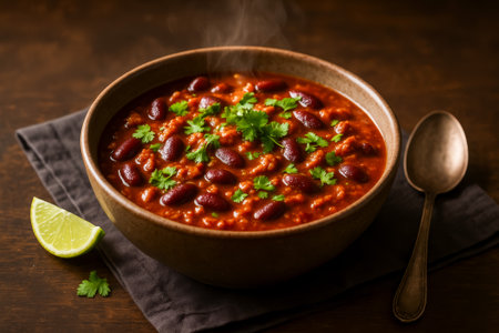 A bowl of steaming chili topped with fresh cilantro and served with a lime wedgeの素材