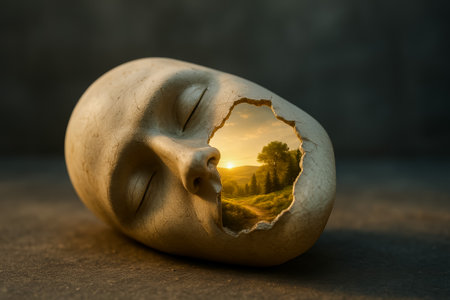 A conceptual sculpture depicting a serene landscape inside a broken head, symbolizing harmonyの素材