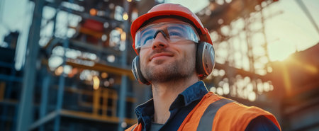 A construction worker wearing safety gear, looking confidently at the construction siteの素材
