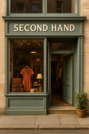 A quaint second-hand shop showcasing a vintage dress and various decorative items in the windowの素材