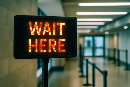 A digital sign instructing to wait here, positioned in a queue area with barriersの素材