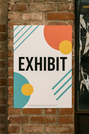 A vibrant exhibit poster featuring geometric shapes on a textured brick wall backgroundの素材