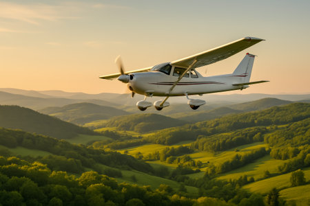A small airplane gliding above verdant hills during a beautiful sunset skyの素材