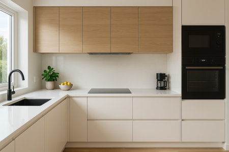 A contemporary kitchen featuring sleek cabinetry, light colors, and modern appliances for a functional spaceの素材