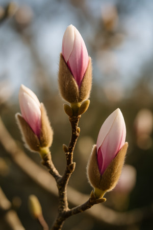 Magnolia buds showcasing delicate pink petals against a blurred background in sunlightの素材